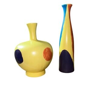 Hand Painted Ceramic Art Vases Set of 2 Abstract Polka Dot Color Block Yellow